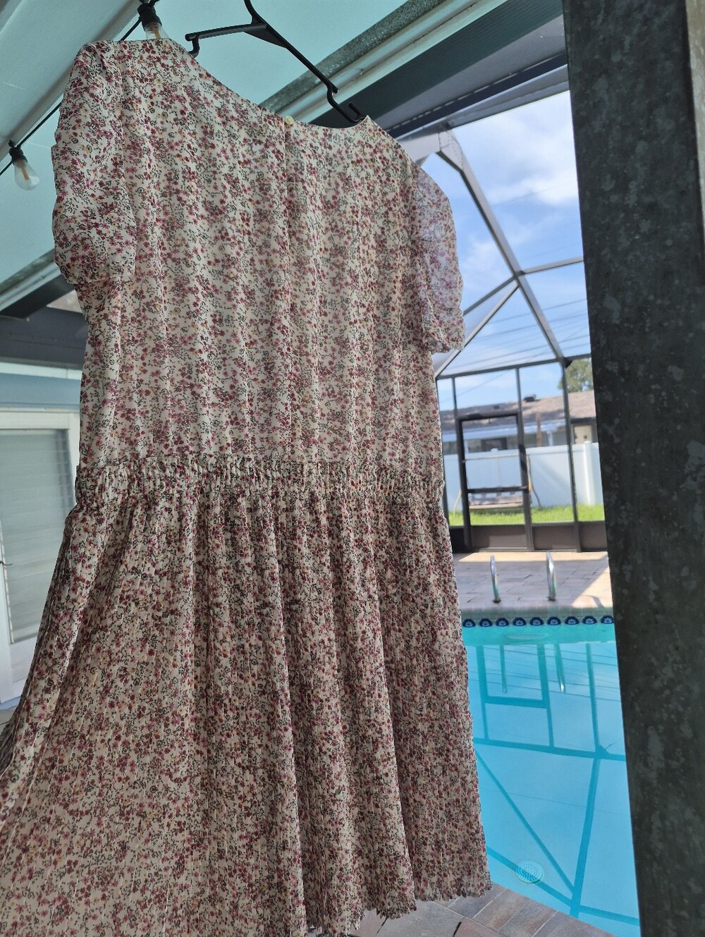 LOFT Pink and Cream Floral Pleated Midi Dress with Elastic Waist